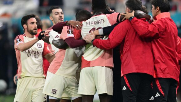 La joie des joueurs de l'OL contre le FCSB (AFP)